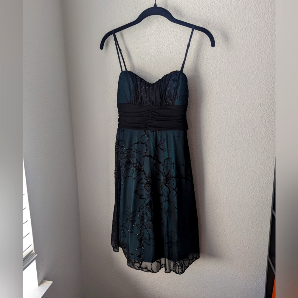 Elegant Black and Teal Blue Embroidered Mesh Layered Dress – Sweetheart Neckline